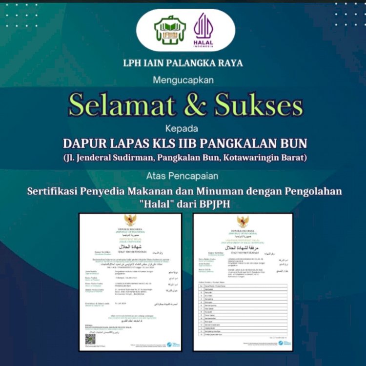 Terbitnya Sertifikat Halal Berikan Kepastian dan Rasa Aman Dapur Lapas Pangkalan Bun